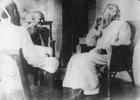 Gandhiji with Rabindra Nath Tagore and Andrews.jpg